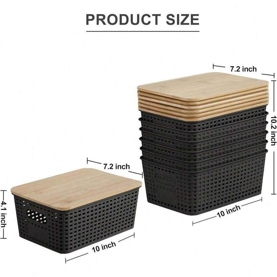 Bagnizer 6-Pack Small Storage Bins With Bamboo Lids - 5.2qt Stackable Plastic Boxes For Pantry, Office, Closet - View #13