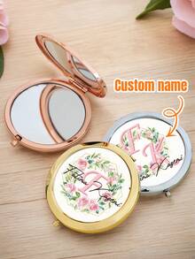 1pc Custom Name Makeup Mirror, Personalized Handheld Mirror, Customized Flower Compact Mirror, Personalized Pocket Mirror For Girl, Personalized Mother's Day Gift, Round, Gold/Silver/Rose Gold, Travel Makeup Mirror Handheld Small Mirror - Style a - View 2