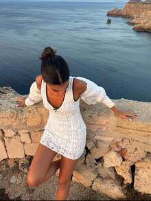 Women's Elegant Casual Holiday V-Neck Textured Lace Bowknot Dress, White Mini Dress, Sundress Short, White Summer Dress, White Elegant Dress, White Dress, Cute Summer Dresses - White - View 4