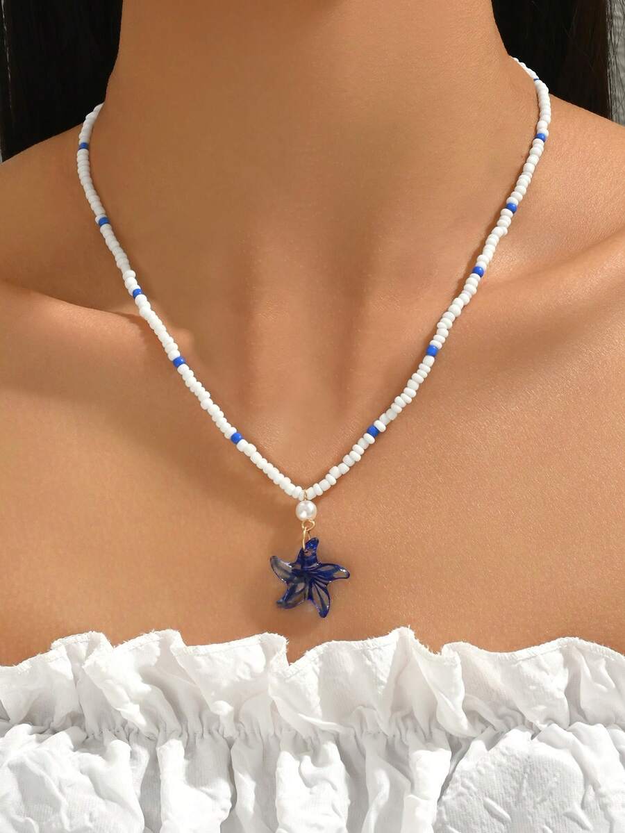1pc Bohemian Style Beaded Starfish Glass Pendant Necklace, Versatile For Daily Wear, Party, Suitable For Mother's Day, Birthday, Holiday Gifts - Blue - View 1