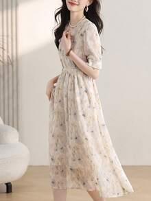 Vestidos de Fiesta Dama De Manga Corta De Floral Con Cuello En V,  Vestidos Elegantes Dama De moda De Estampado Romántico,  Vestidos Largo Dama De Manga Corta De Versátil Para Fiesta - Azul y blanco - Ver 6