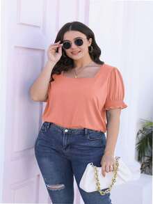 hupos Women's Casual Square Neck Short Sleeved Summer T-Shirt - 珊瑚 - 查看 4