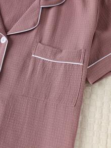 2pcs Women Button-Down Short Sleeve Top & Shorts Pajama Set, Casual Loose Fit Solid Color Basic Home & Outdoor Wear, Spring/Summer
