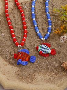 1pc 2025 Spring/Summer New Small Designer Transparent Angelfish & Salmon Shaped Handmade Glass Bead Necklace, Social Media Influencer Style - Red Fish - View 8