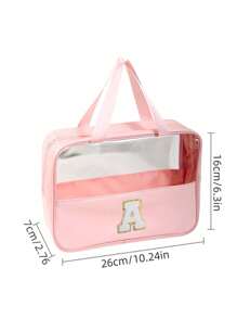1 pièce Sac de maquillage organisateur en PVC transparent, design de lettre, sac de maquillage portable et imperméable, sac de toilette minimaliste avec patch initial, cadeau pour maman, sac de plage, accessoires de plage, serviette de plage, fournitures de plage, sac de vacances, indispensable pour les vacances d'hiver et d'automne, cadeau de la Saint-Valentin
