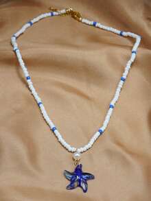 1pc Bohemian Style Beaded Starfish Glass Pendant Necklace, Versatile For Daily Wear, Party, Suitable For Mother's Day, Birthday, Holiday Gifts - Blue - View 2