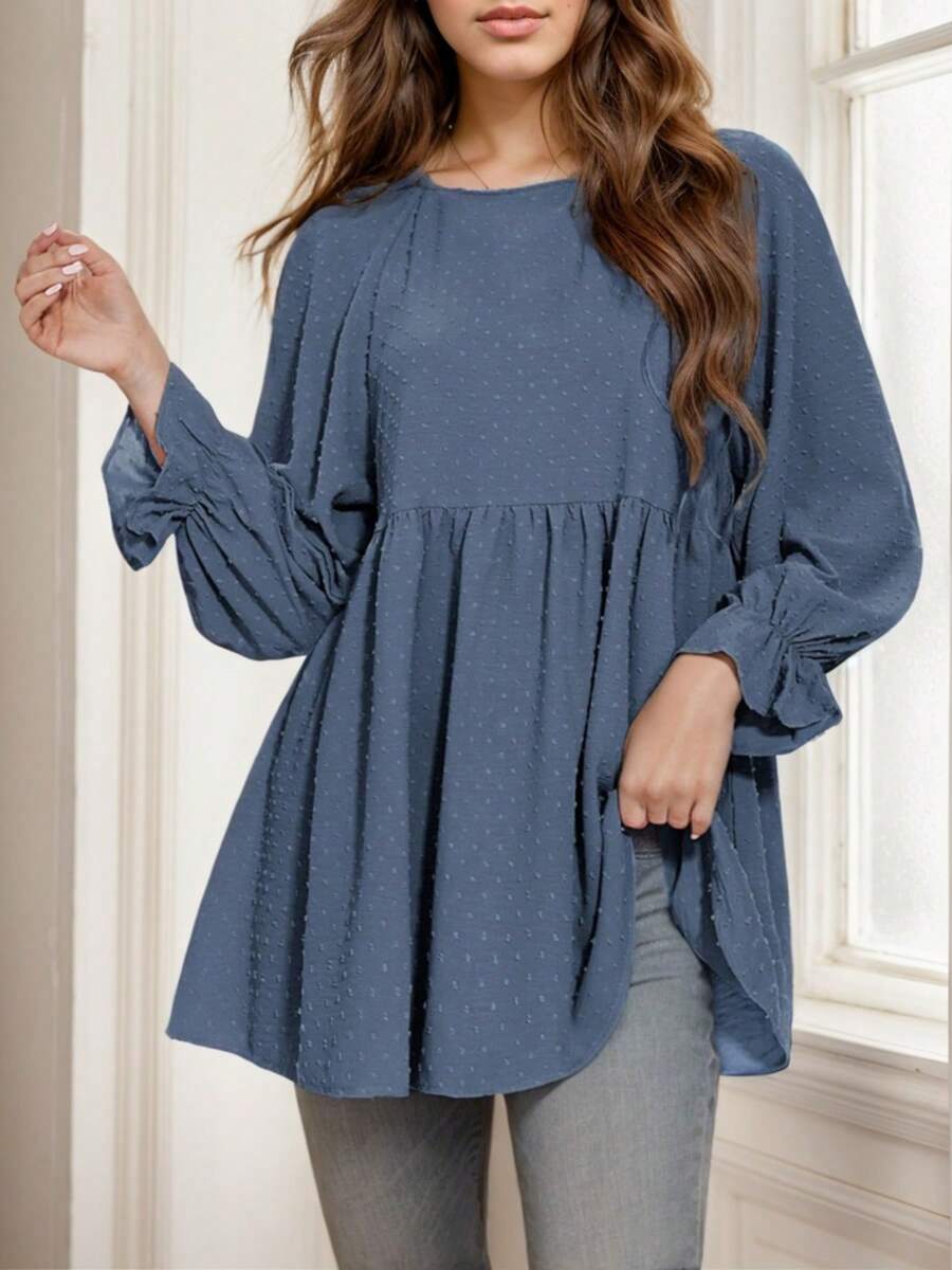 hoteel Women's Round Neck Long Sleeve Babydoll Loose Swiss Polka Dot Ruffle Oversized Tunic Top - 藍色 - 查看 1