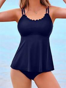Women 2 Pieces Tankini Swimsuits Solid Color Padded Sleeveless Tank Tops And Swim Bottoms Beach Bikini Set - Trời xanh thẳm - Xem 1