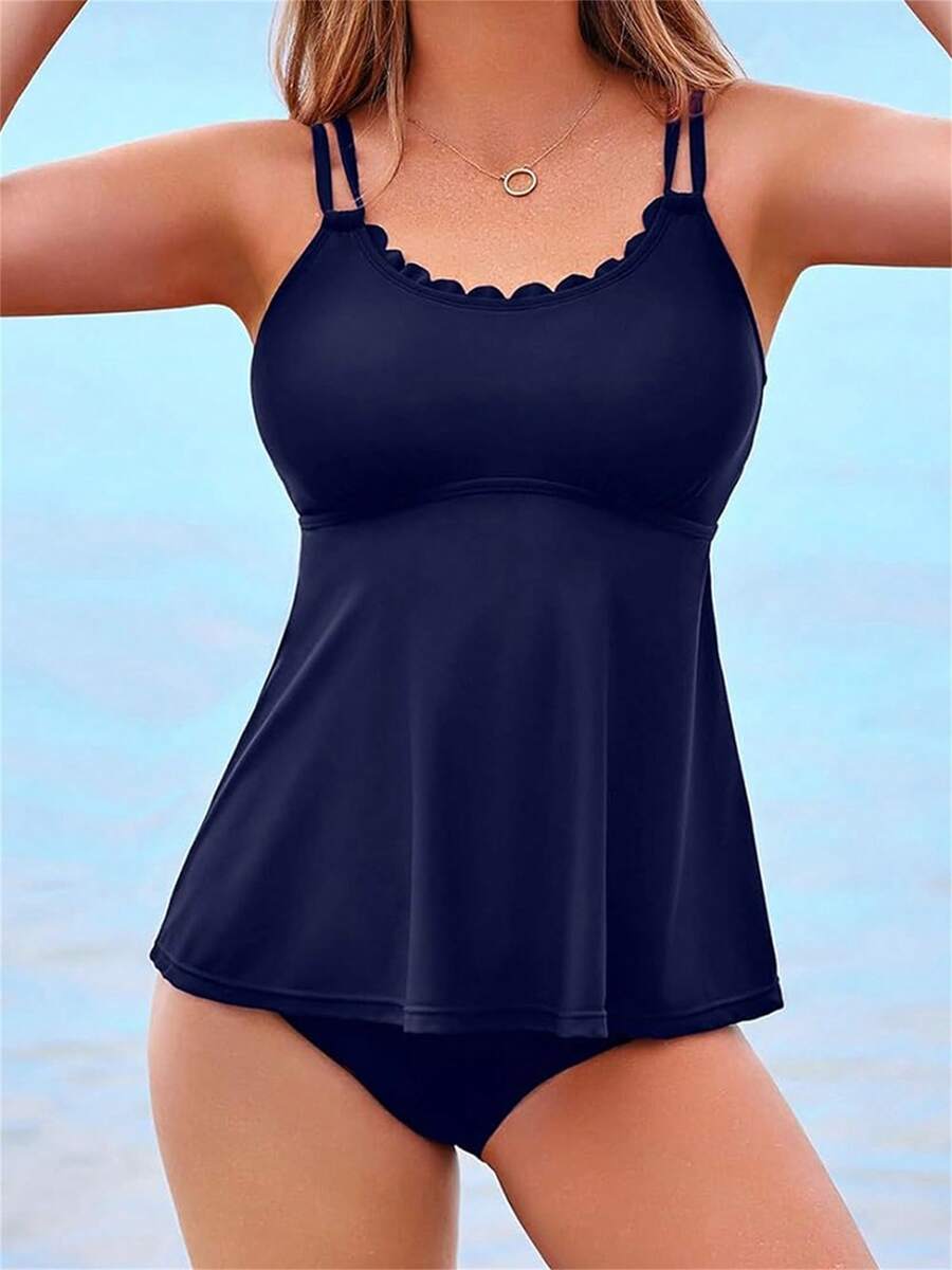 Women 2 Pieces Tankini Swimsuits Solid Color Padded Sleeveless Tank Tops And Swim Bottoms Beach Bikini Set - Trời xanh thẳm - Xem 1