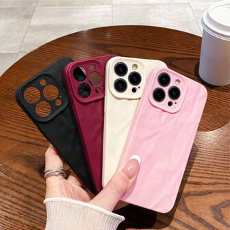 4 件简约褶皱纹理纯色镜头保护三合一手机壳，个性化适用于 16 ProMax、15/14 Plus、13、12、11 防水防震防摔防刮