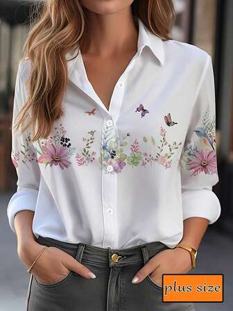 Women Plus Size Spring Summer European And American Style Floral Print Button-Down Casual Long Sleeve Shirt