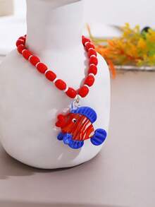 1pc 2025 Spring/Summer New Small Designer Transparent Angelfish & Salmon Shaped Handmade Glass Bead Necklace, Social Media Influencer Style - Red Fish - View 6