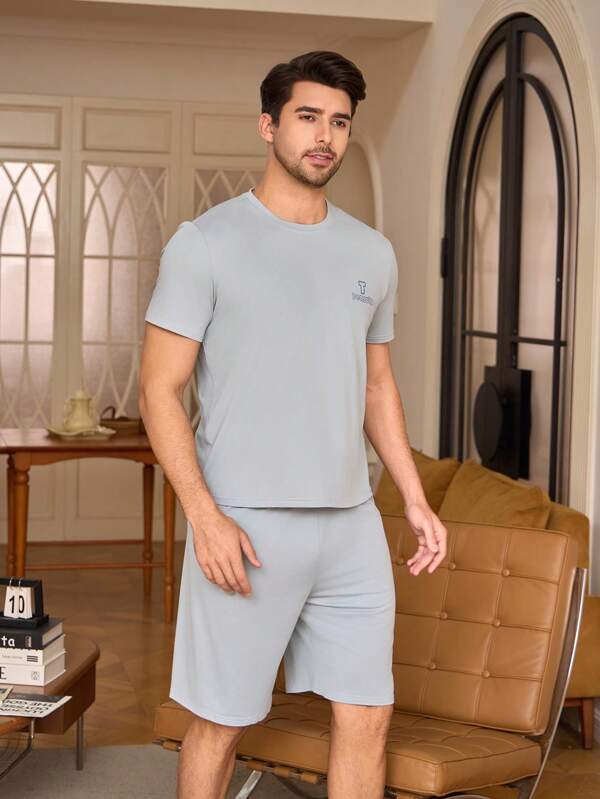 2pcs Men's Fashionable Summer Thin Short Sleeve & Shorts Pajamas Set, Casual Comfortable Cool Sleepwear Suit