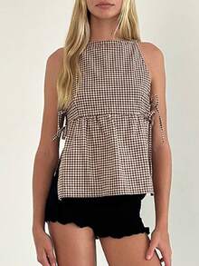 Camisetas de tirantes para mujer con patrones a cuadros sólidos, con lazos laterales, sin mangas, con tirantes de espagueti, para el verano - Café integral - Ver 2