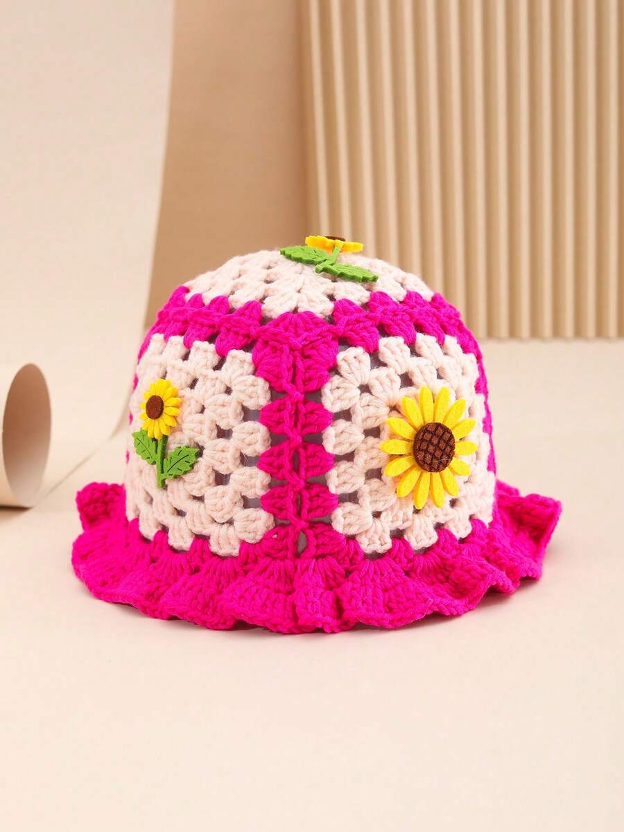 1pc Women's Handmade Crochet Bicolor Sunflower Decor Casual Fishing Cap, Sweet & Cute Style - Hot Pink - View 1