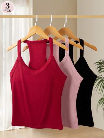 3pcs Women Slim Fit Camisole Tops, Sleeveless