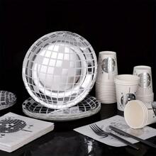 75pcs Silver Disco Party Disposable Tableware Set, Includes 7-Inch Plates, Cups, Napkins With Silver Disco Ball Pattern, Suitable For Disco Parties, Theme Parties, Birthdays, Events, Outdoor Gatherings, And Dining