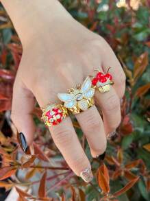 1 pieza Anillo abierto de lujo chapado en oro con marfil de nácar, zirconia y diseño de mariquita roja, adecuado para uso diario y fiestas de mujeres