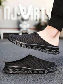 Men's Black And Gray Breathable Mesh Slip-On Casual Slippers, Thick Non-Slip Sole Comfortable Sports Sandals, Fashionable Knit Material Footwear, Suitable For All Seasons