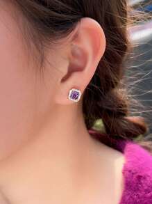 1 Pair 925 Sterling Silver Purple Amethyst Cubic Zirconia Square Stud Earrings For Women, Fine Jewelry Wedding Bridal Party Accessories, Holiday Gift