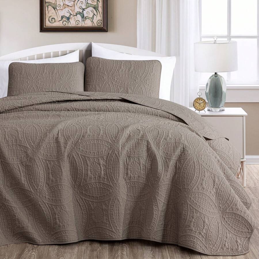 Austin Oversized Bedspread Set 3-Piece Ultrasonic Quilted Soft Lightweight Microfiber Coverlet For All Season - 灰褐色 - 查看 1
