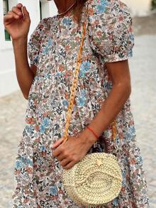 Acelitt Summer Apricot Bohemian Printed Short Sleeve Bubble Sleeve Mini Dress - Multicolor - View 3