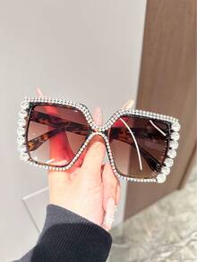 1pc Vintage Square Large Frame Rhinestone Decorated Women Fashion Fashion Glasses, Suitable For Traveling, Cycling And Daily Outfit - Multicolor - View 11