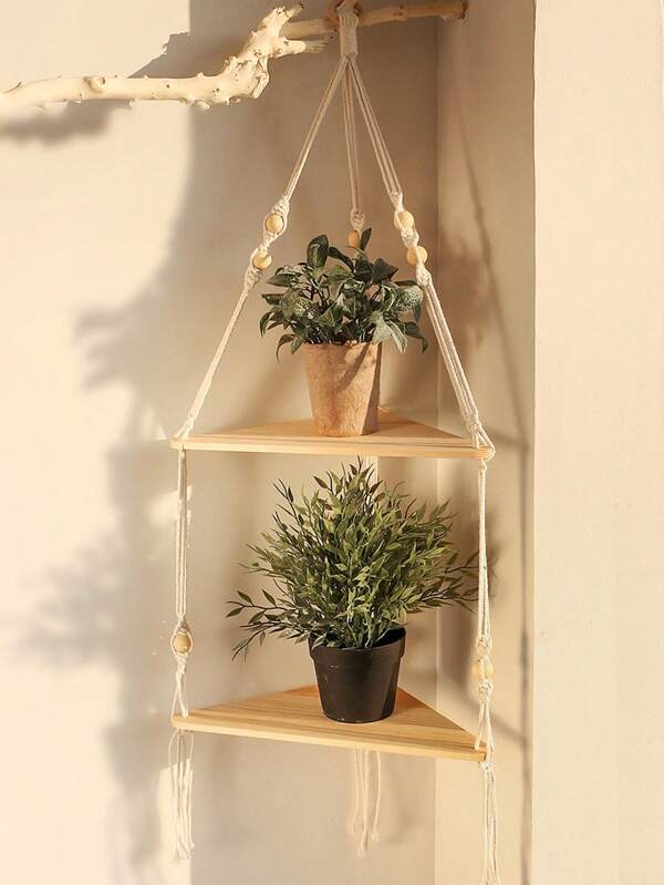 1 pieza Estantería de pared colgante triangular estilo bohemio de varios niveles para decoración y exhibición de plantas y flores para sala de estar/dormitorio/balcón