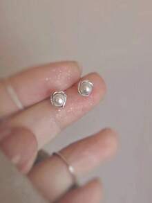 1 Pair S925 Sterling Silver 3 CZ Stone & White Round Pearl Pendant Earrings, Elegant Earrings Gift For Women For Anniversary/Party - Pearl - View 3