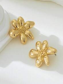 1 Pair Fashionable 3D Golden Flower Stud Earrings, Party Gift For Women - Yellow Gold - View 4