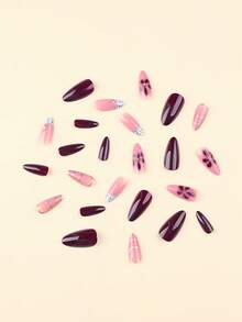 24pcs Short Acrylic Press-On Nails, French Almond Shaped Nail Tips, Includes 1 Adhesive Sticker Sheet And 1 Mini Nail File, Suitable For Daily Wear - Multicolor - View 3