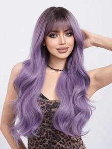 Lavender Purple Gradation Long Natural Wave Wigs With Bangs 28 Inch Natural Daily Hair - Multicolor - View 1