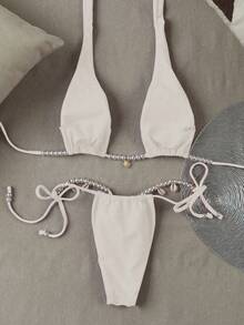 European & American Style Solid Color Sexy Ladies Bikini Swimsuit - White - View 2