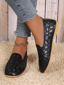 Square Toe Embroidered Hollow Casual Flat Slip-On Shoes, Breathable Loafers For Women - Black - View 6