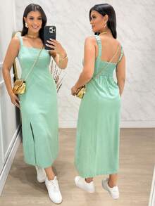 Women's Long Viscose Dress With Slit, Stretch And Elegant Lining For Summer - 薄荷綠 - 查看 4