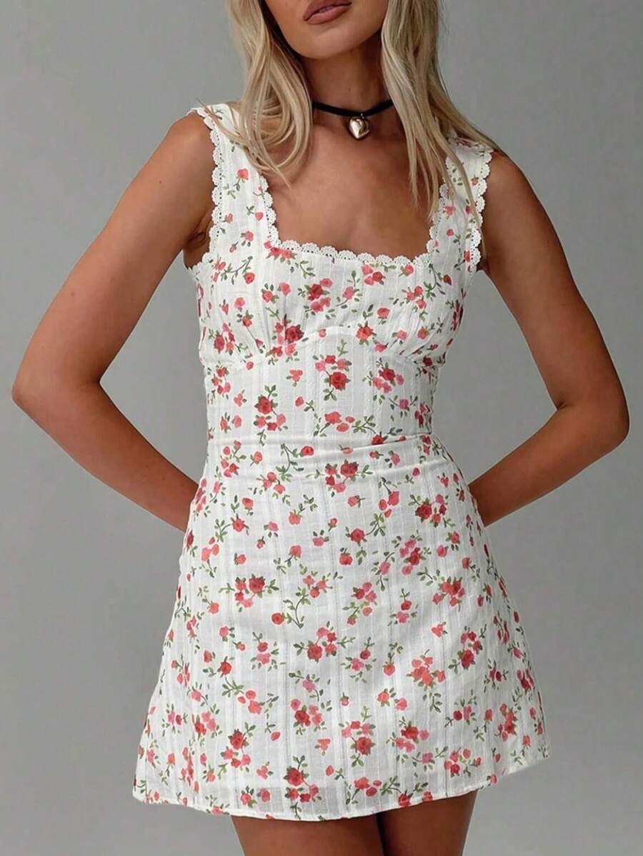 Womens Summer Tank Dress Sleeveless Square Neck Lace Trim Solid Color A-Line Dress Short Mini Dress