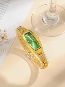 1pc Teenagers Rhinestone Studded Oval Dial Steel Strap Quartz Watch, Suitable As Birthday, Graduation Gift - Green - View 2