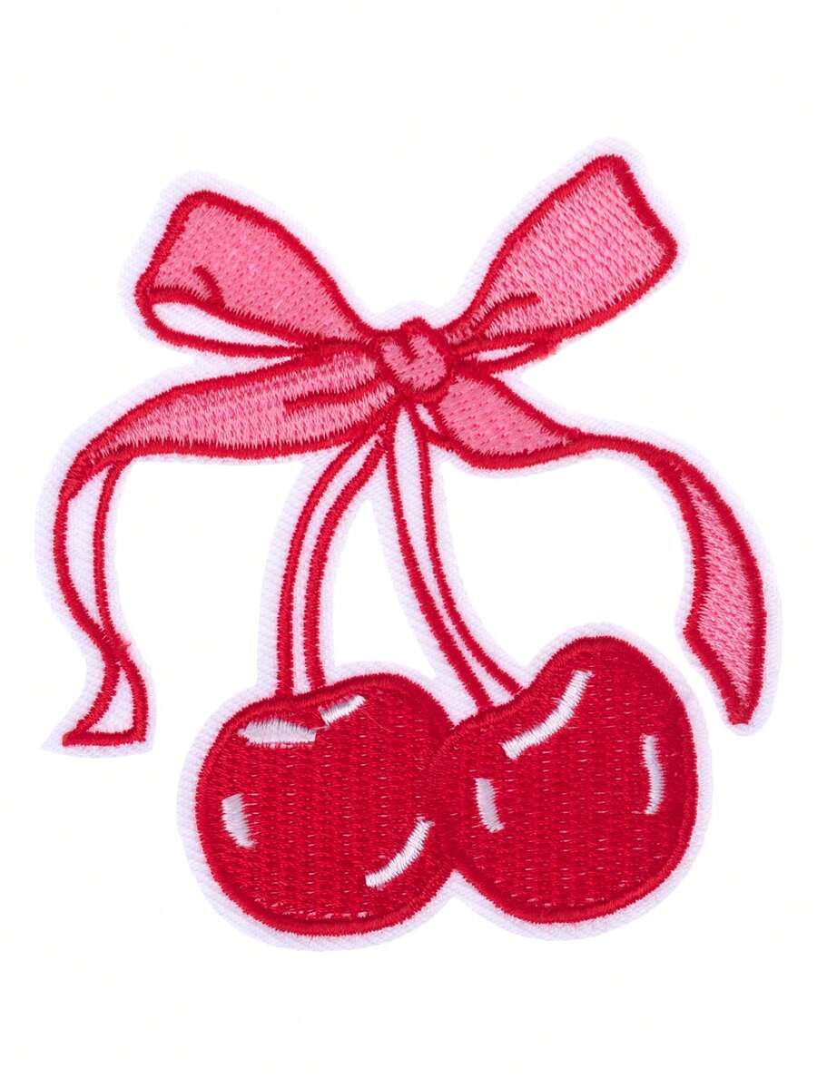 1个红色樱桃蝴蝶结布贴，个性化DIY服装配饰，刺绣缝纫熨烫贴片，适用于衣服、鞋子、包包，夏季、学校主题 - 彩色 - 查看 1