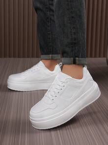 Men's Classic Solid Color Leather Splicing Thick-Sole Shock-Absorbing Flat Non-Slip Sneakers, Outdoor Classic Street Cool Daily Versatile Solid Color Casual Shoes - White - View 10