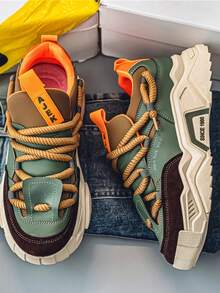 Comfortable Minimalist Stylish Outdoor Walking Casual Shoes, Urban Tie Commuting Fitness Travel Chunky Sneakers, Round Toe Low Top Color Block Versatile Add Height Sports Shoes,Large Size - Green - View 2