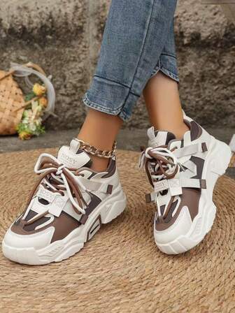 女士运动风格棕色织带字母装饰网眼运动鞋，户外透气百搭厚底运动跑步鞋