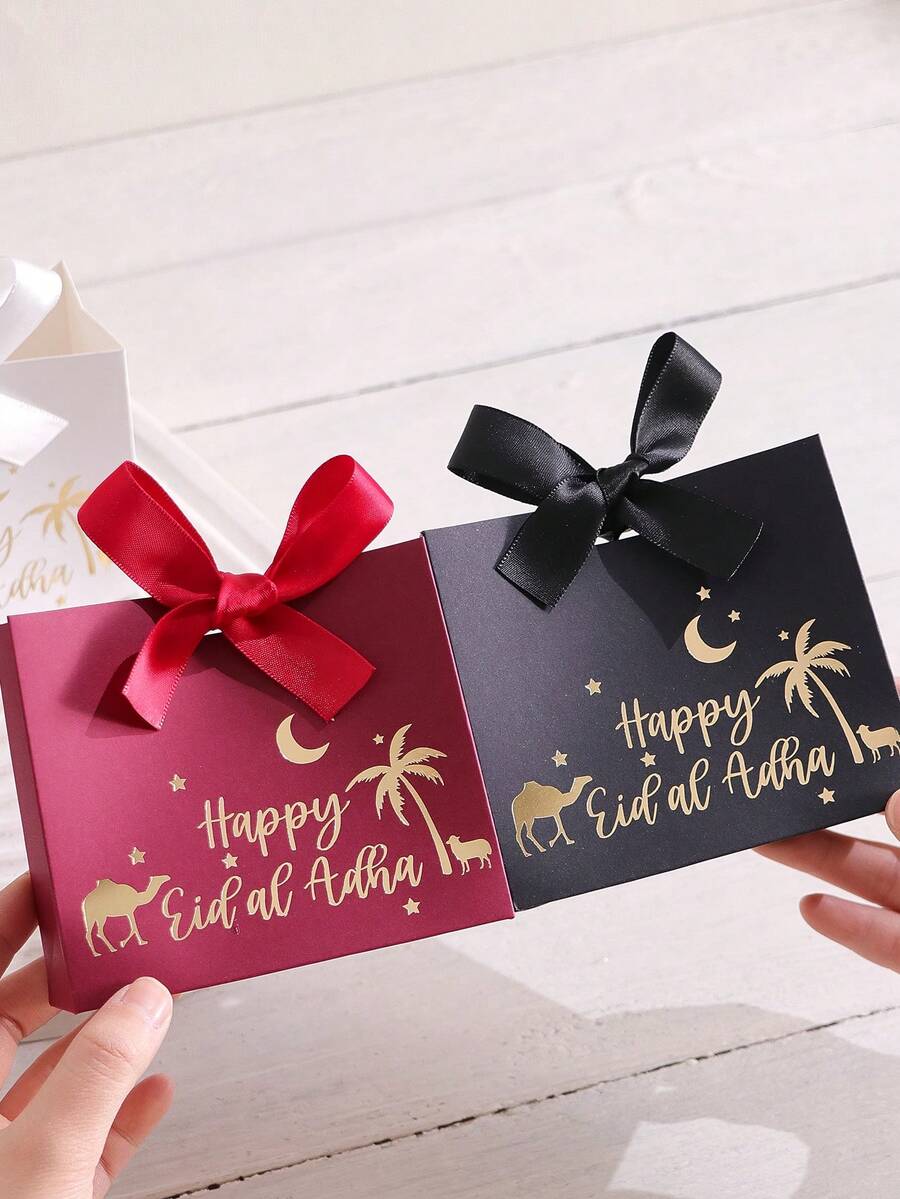10-Piece Mini Eid Al-Adha Gift Set, Available In Classic Black, White, Deep Red, And Green, Adorned With Gold Palm Trees, Camels, And Lamb Motifs. Islamic Holiday Party Supplies, Eid Al-Adha And Hajj Blessings, Elegant Gift Wrapping, Comes With Ribbon.