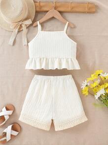 Set de 2 piezas de top de tirantes y shorts a rayas con volantes y coloridos, adecuado para exteriores, uso diario, casual y vacaciones en verano para niña joven