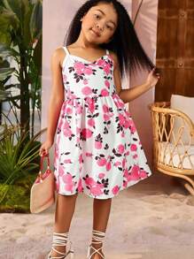 Seven Princess Nouvelle robe d'été décontractée et confortable pour jeunes filles, avec motif floral Ditsy, bretelles spaghetti et taille à cordon. Robe de plage fleurie Ditsy pour les vacances