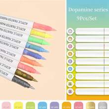 علامات طلاء أكريليك، مجموعة 9 قطع من أقلام الطلاء الأكريليك ذات فرشاة ناعمة ، مع 14 لون احترافي للرسم على الصخور والسيراميك والخشب والقماش والزجاج والحجر والقماش وصناعة البطاقات والأدوات الفنية الرجوع إلى المدرسة
