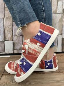 女士条纹印花休闲鞋，舒适柔软平底低帮轻便透气加大码