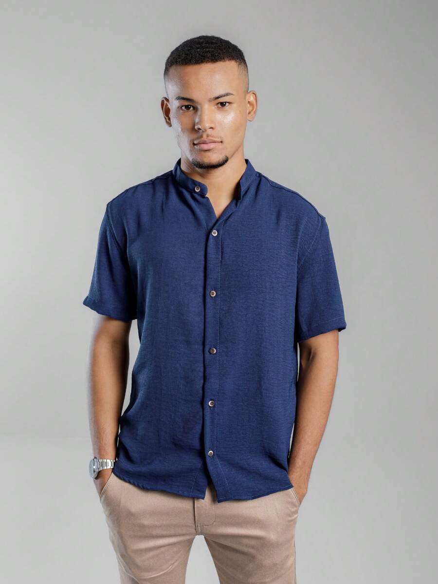 Men's Short Sleeve Shirt Elegant Casual Party Work - 寶藍色 - 查看 1