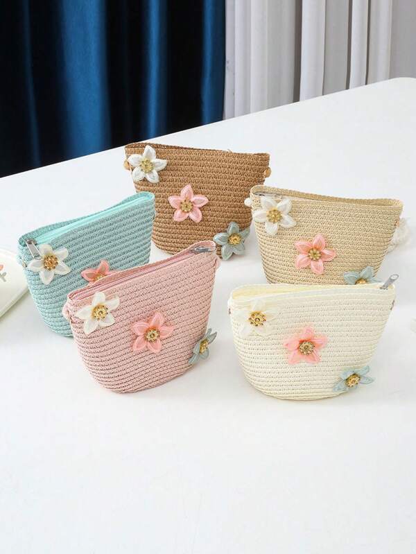 1pc Girls Princess Style Cute 3 Flowers Woven Crossbody Bag, Princess Outing Straw Bag, Suitable For Daily Use