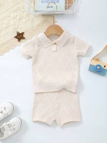 Baby Boys Spring/Summer 2pcs Knit Breathable Rib Collar Solid Diamond Grid Pattern Short Sleeve Top + Shorts Set - Apricot - View 1