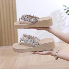 Women Elegant Beige Sandals With Woven Strap - Non-Slip EVA Sole, Mid Heel Thick Bottom, Fashion Outdoor Slippers, Casual Woven Sandals, Elegant Footwear For Summer